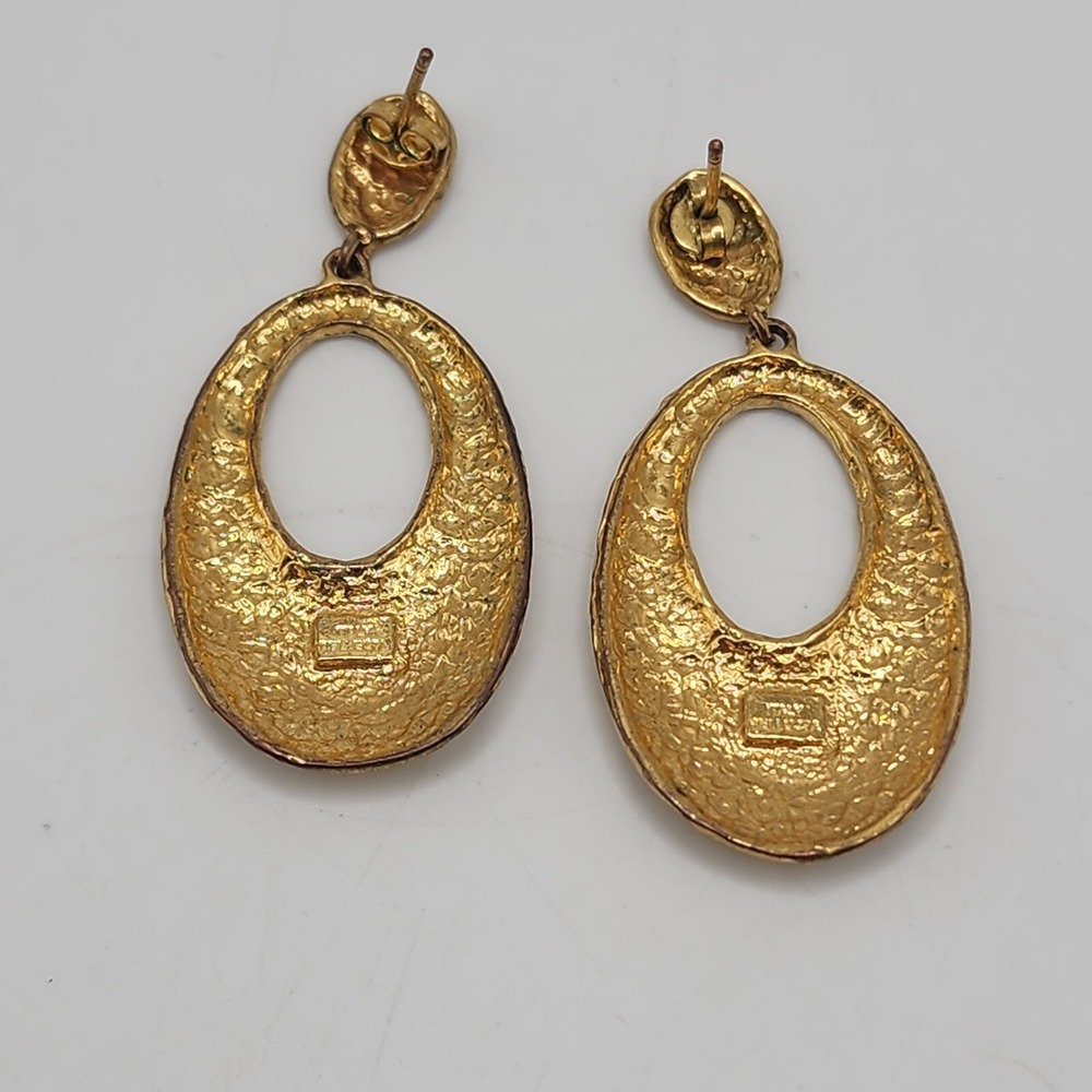 Vintage Bellezza Italy Hammered Gold Tone Dangle Oval Designer Pierced Earrings - Picture 9 of 11